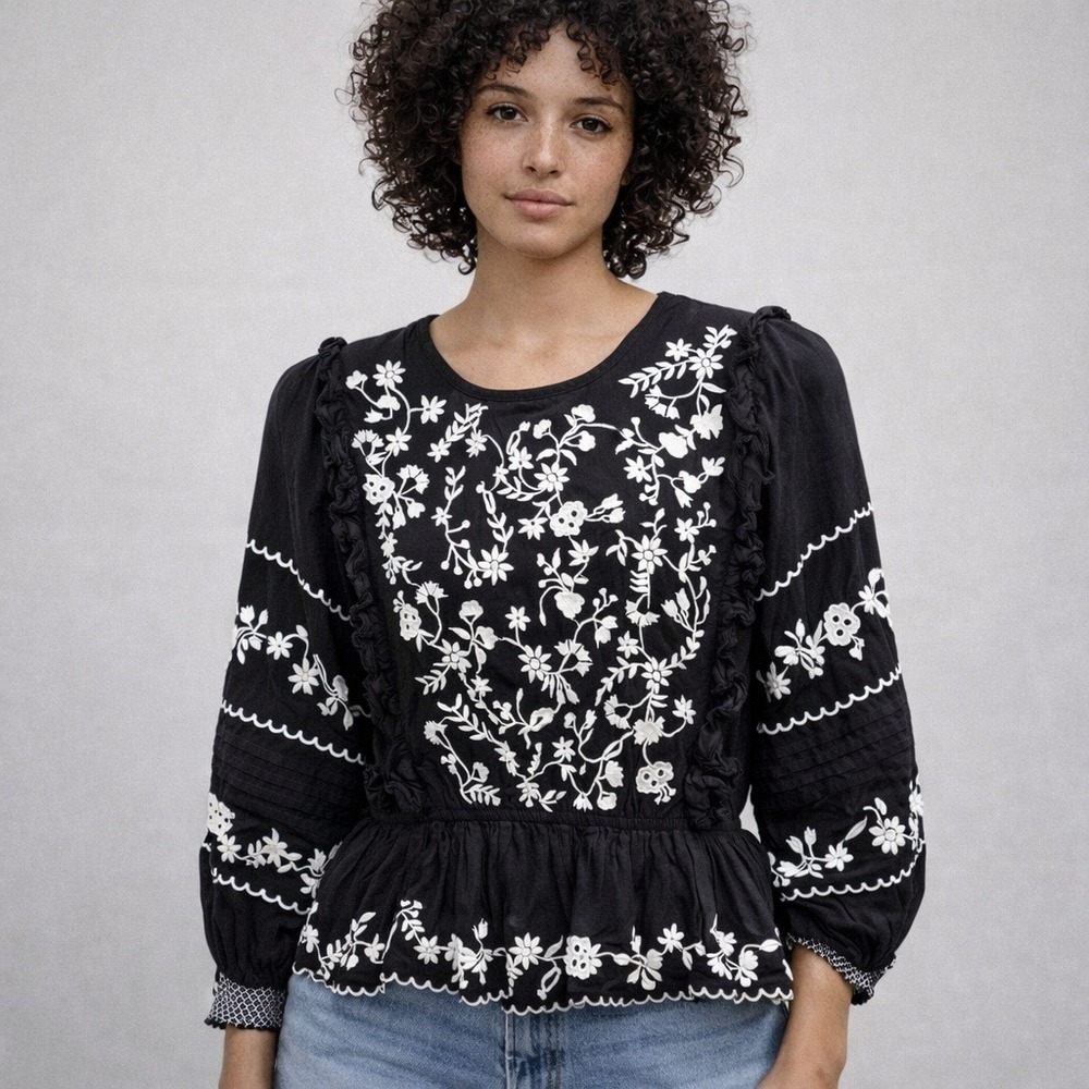 Calypso St. Barth Modern Boho Embroidered Romantic Peasant Top, Medium